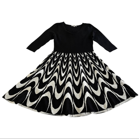 Sandra Darren Black‎ White Wavy Pattern Fit & Flare A-Line Knit Sweater Dress L - Picture 4 of 9